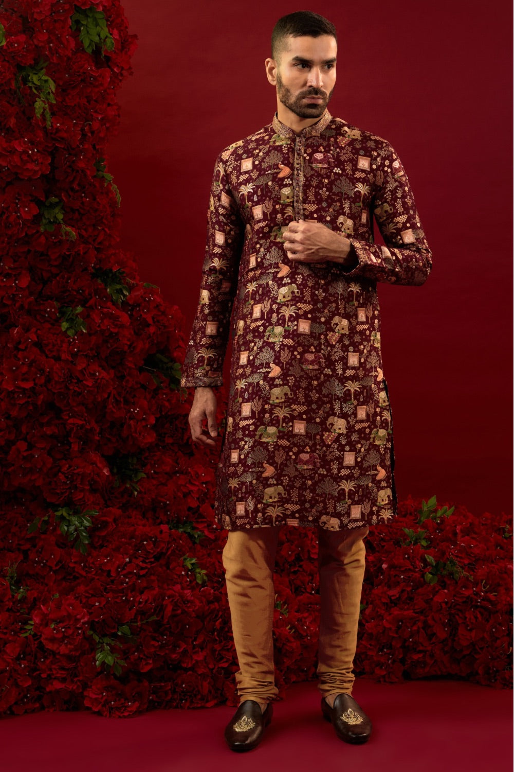 Maroon silk kurta & pajama with machine work