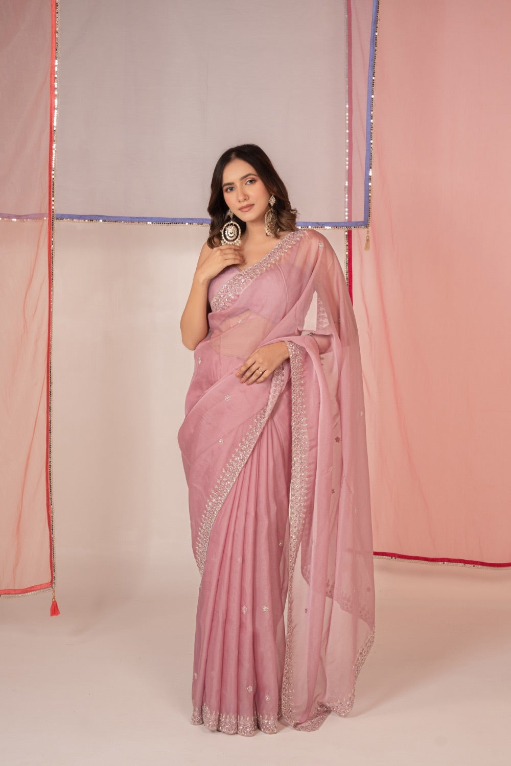 Dusty pink tissue silk saree and unstitched blouse piece