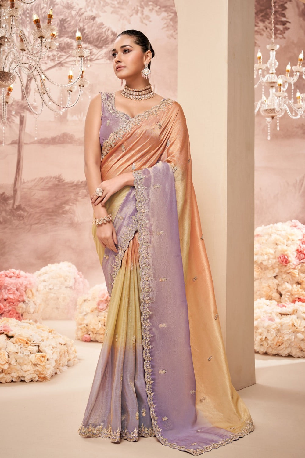 Lilac-Orange ombre soft silk saree