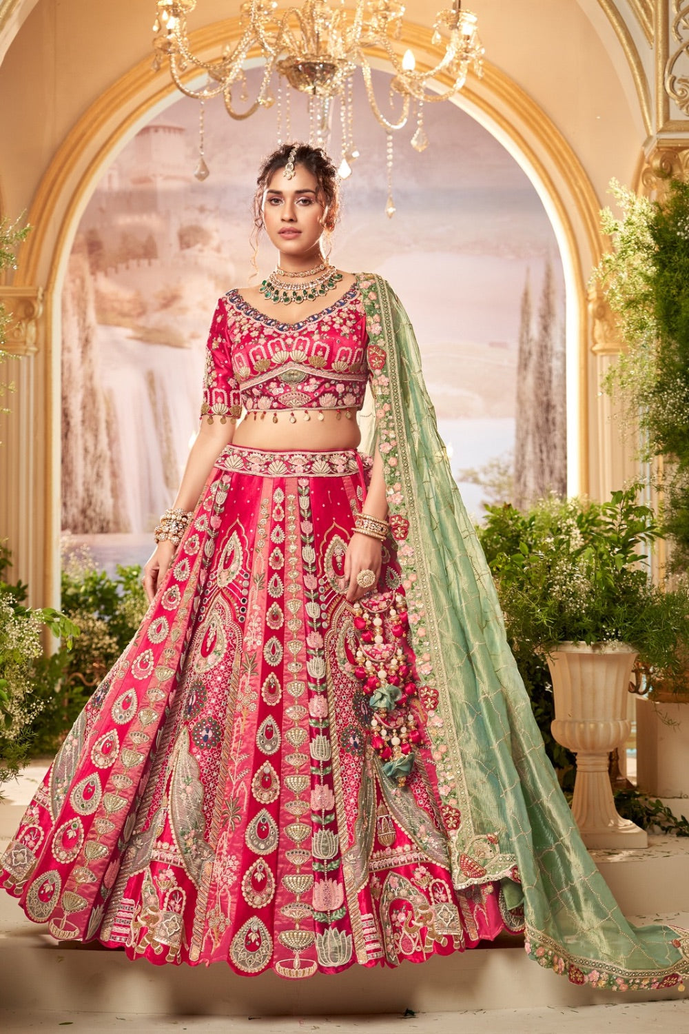 Magenta pink banarasi silk lehenga choli with machine work