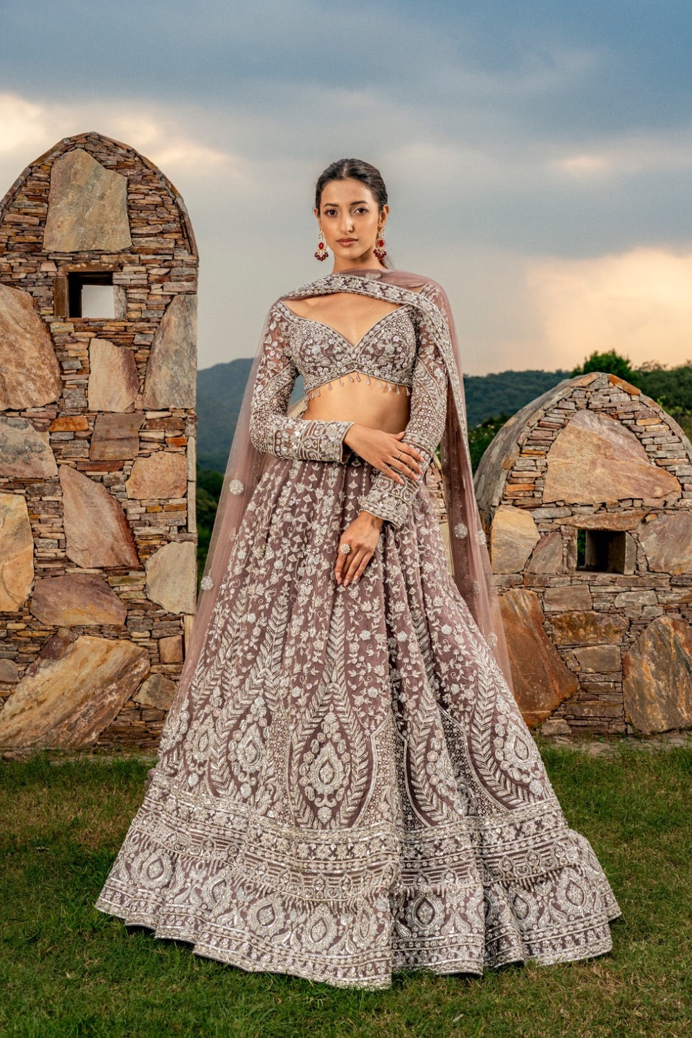 Dusty mauve organza lehenga choli with zardozi work