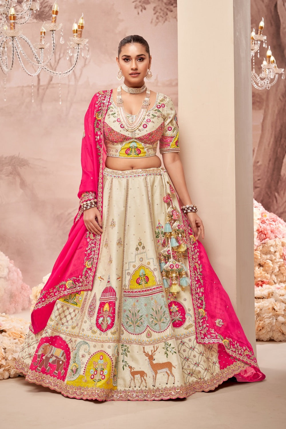 Beige & Pink soft silk lehenga choli with hand work