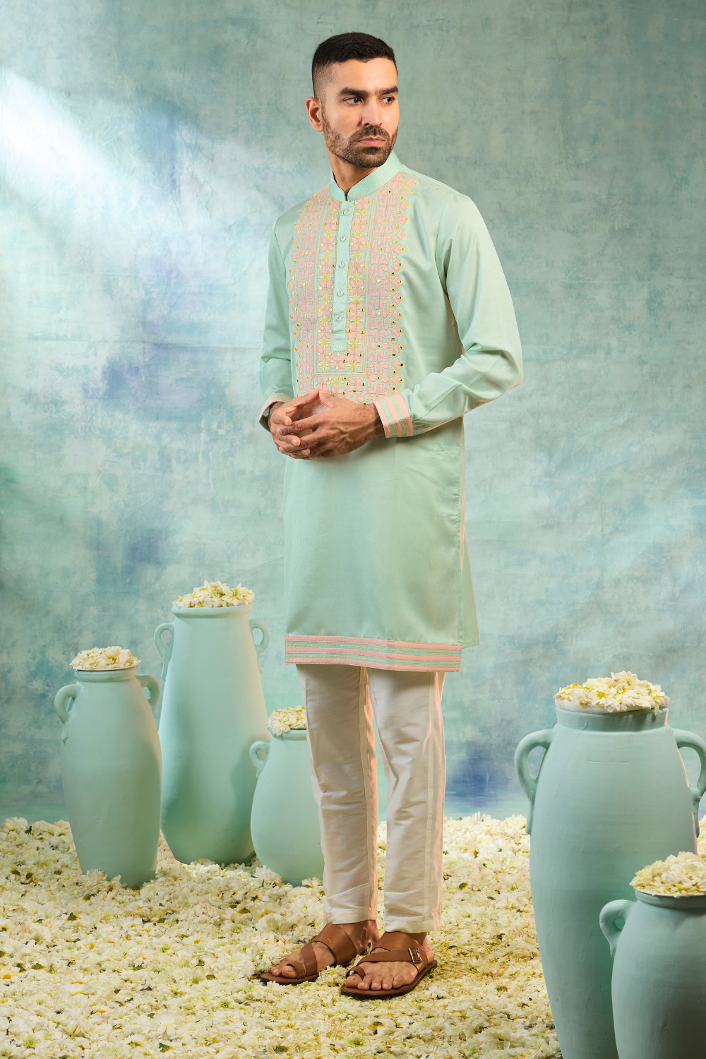 Mint kurta set with pink thread work and mirror work