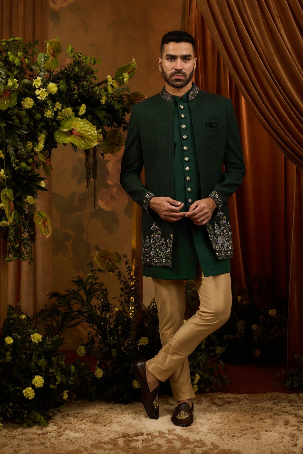 Green silk open indo-western with golden embrodiery work