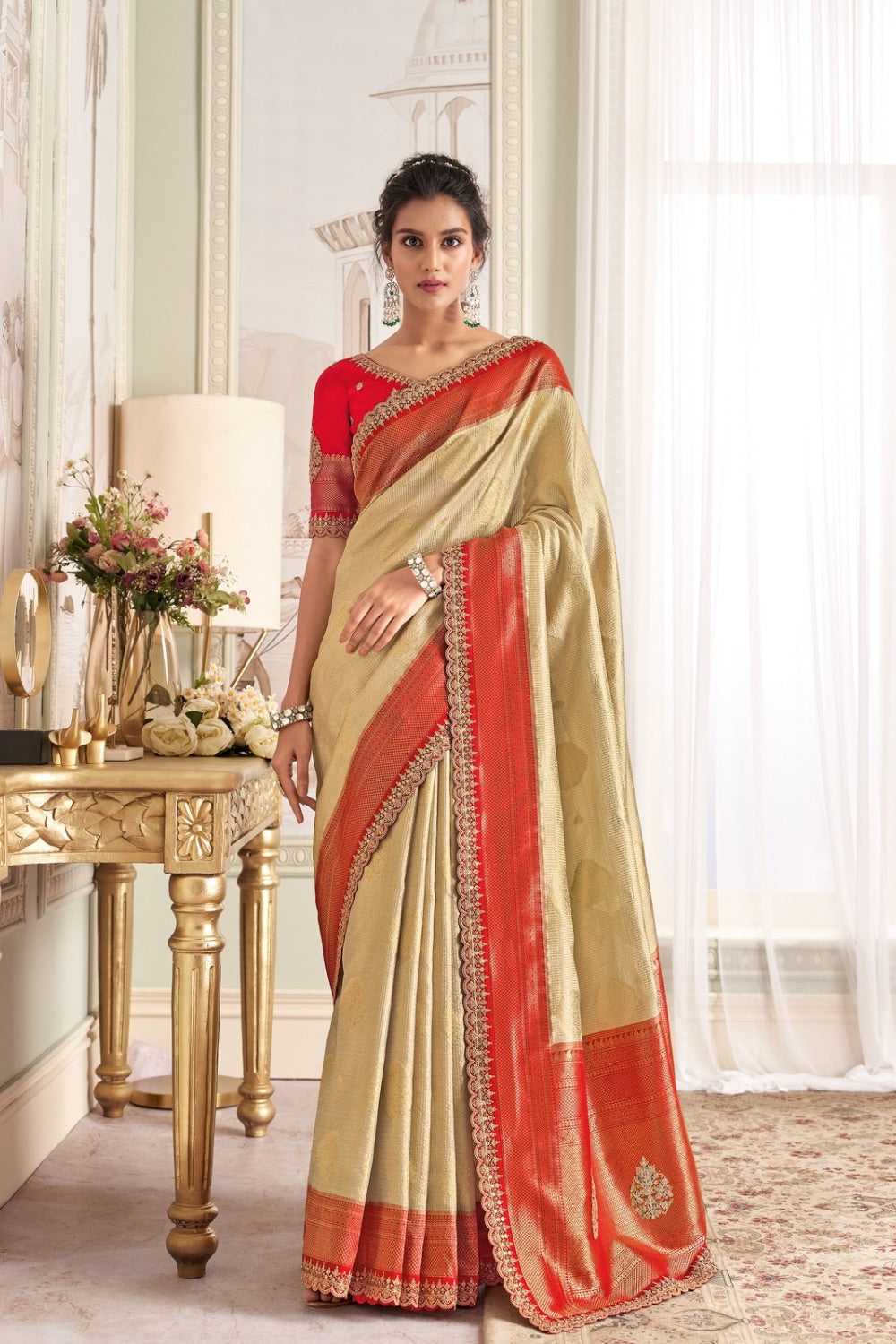 Golden banarasi silk saree with red unstitched blouse