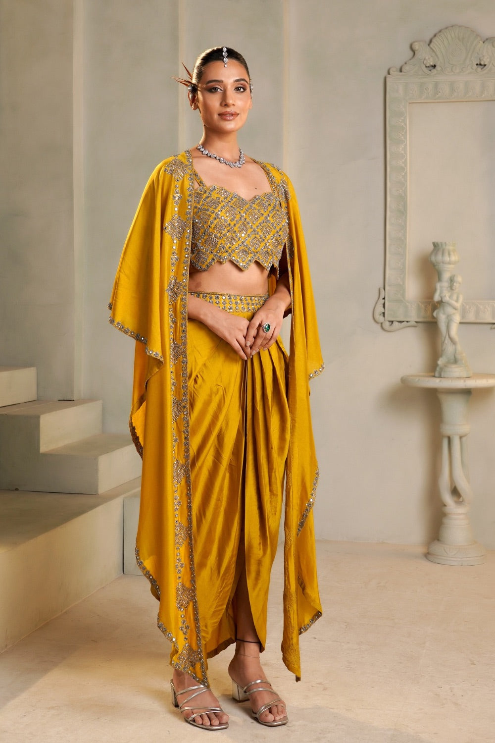 Mustard yellow gaji silk Indo western