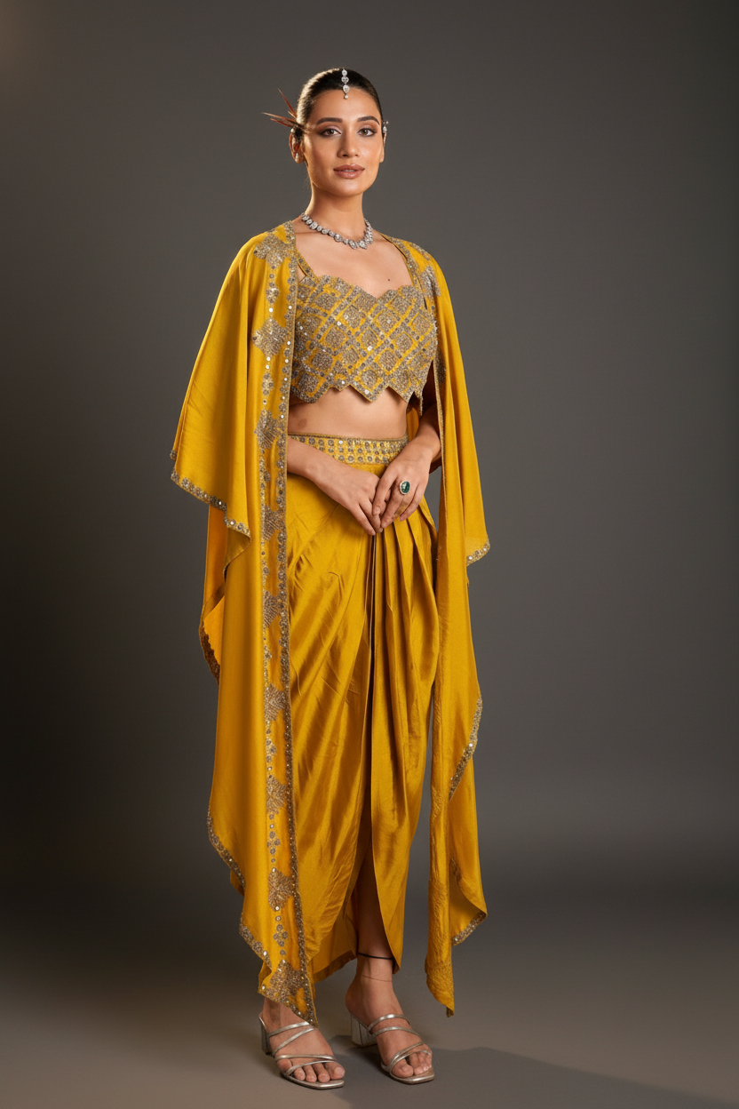 Mustard yellow gaji silk Indo western