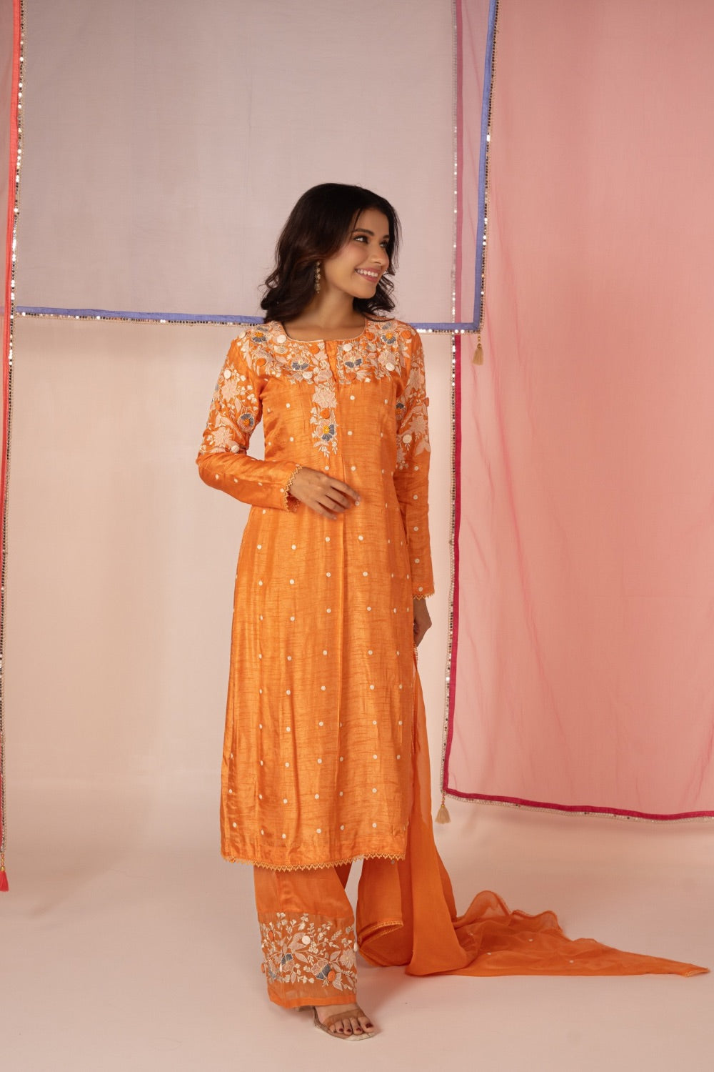 Orange satin silk salwar suit