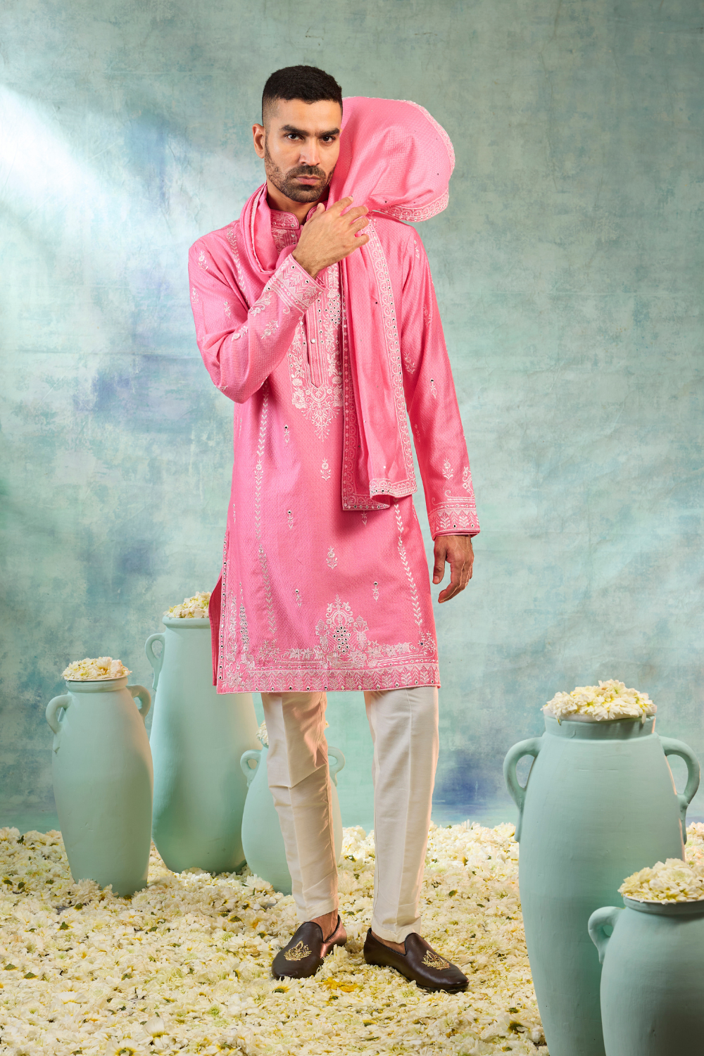 Baby pink silk kurta set with white detailing and mirror work