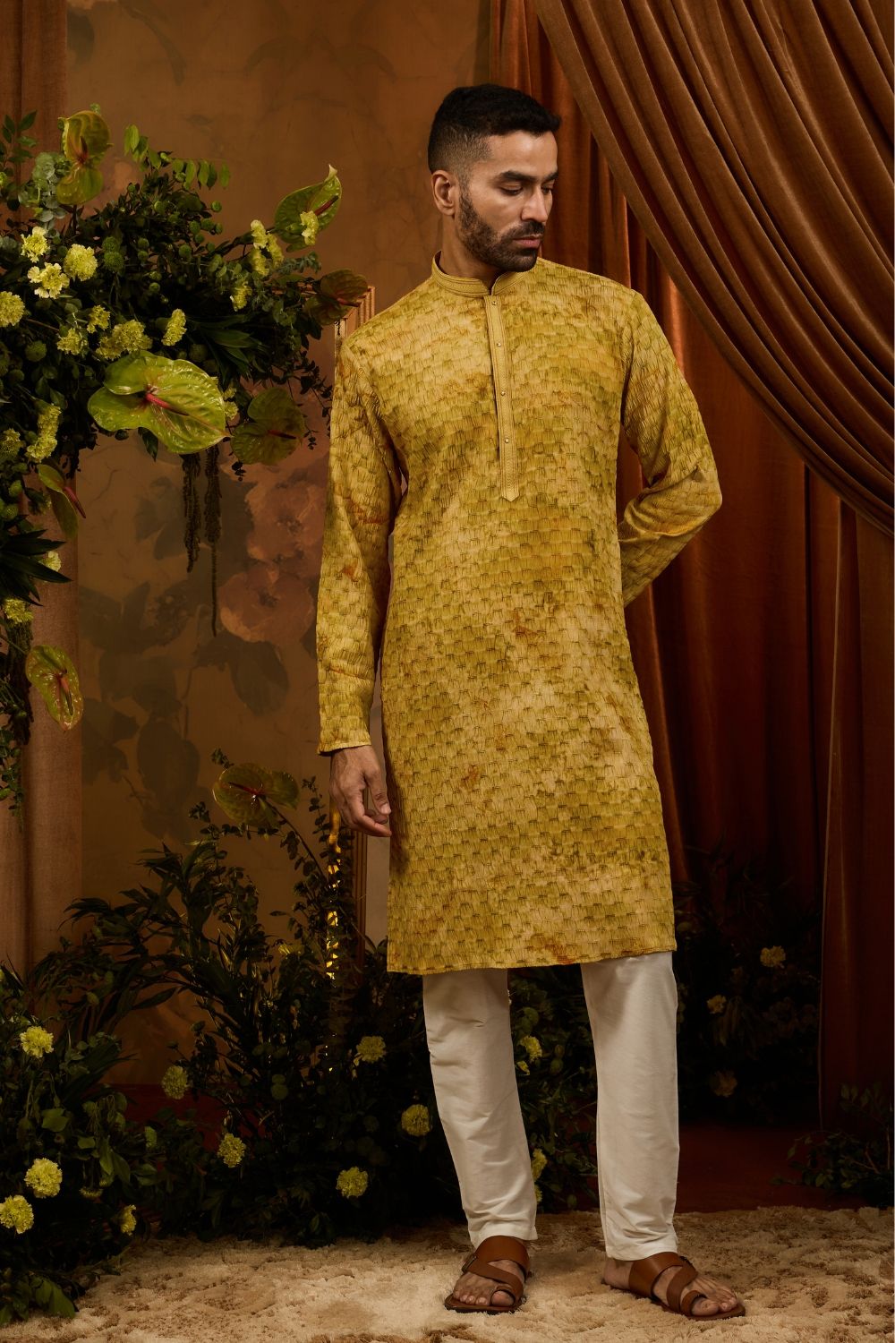 Yellow silk kurta pajama set with thread work