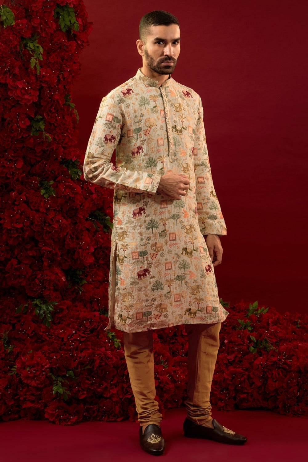 Cream silk kurta pajama with multicolour machine work