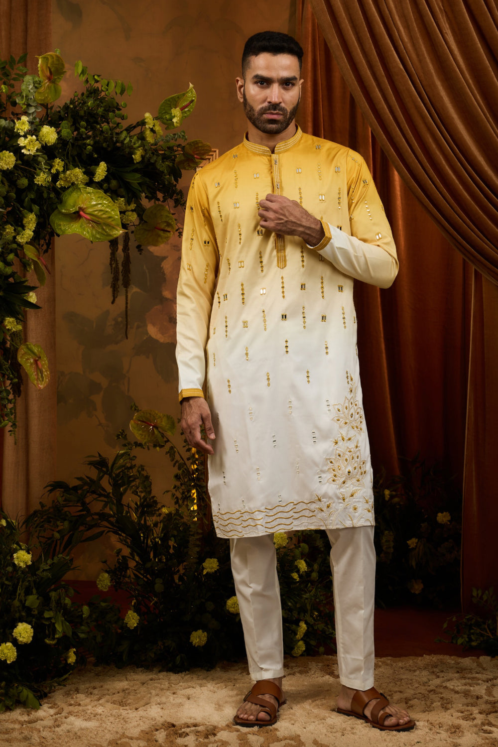 Yellow-white ombre silk kurta set with thread embroidery and mirror work