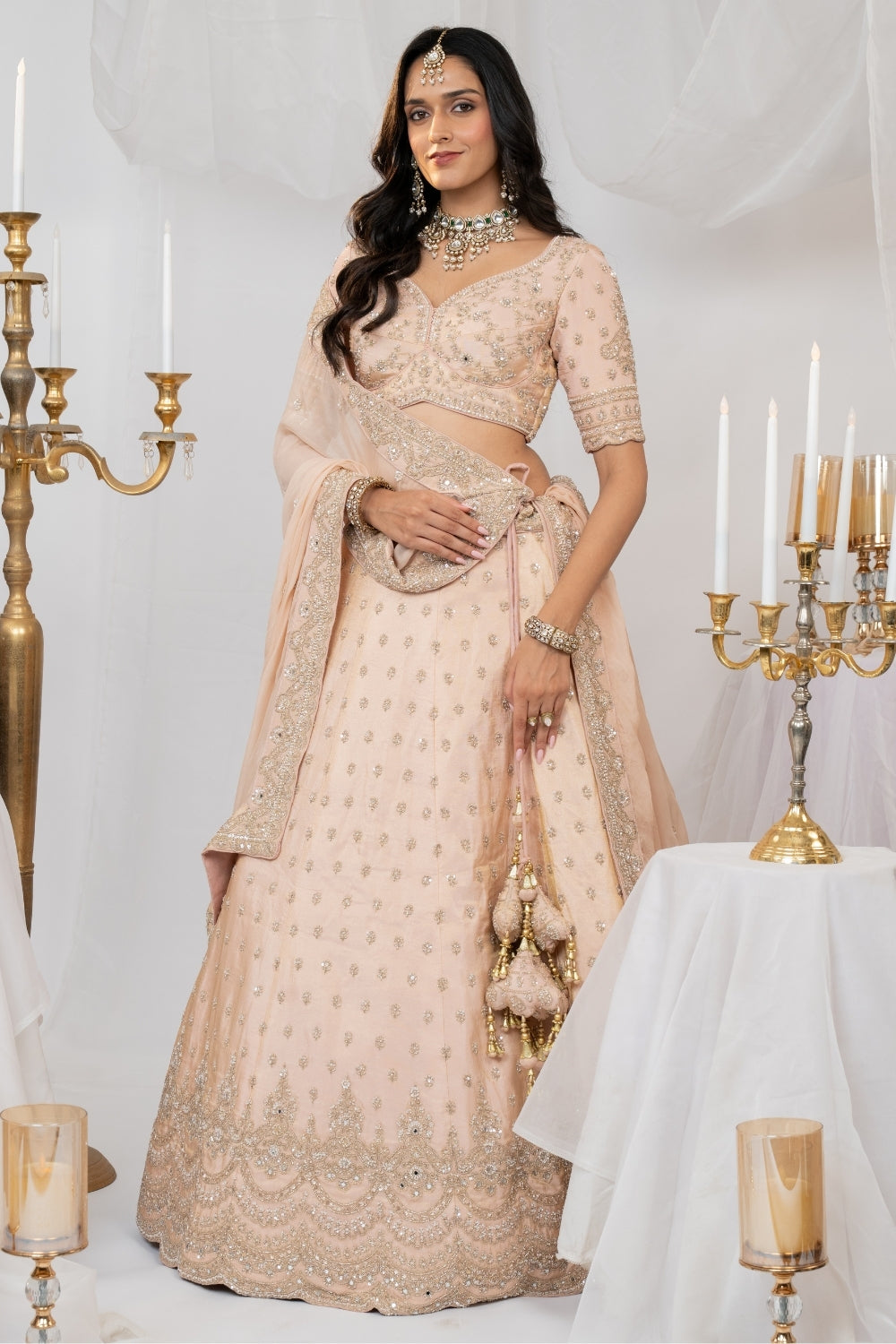 Peach Tissue Silk Lehenga Choli Set with Cutdana and Moti Work