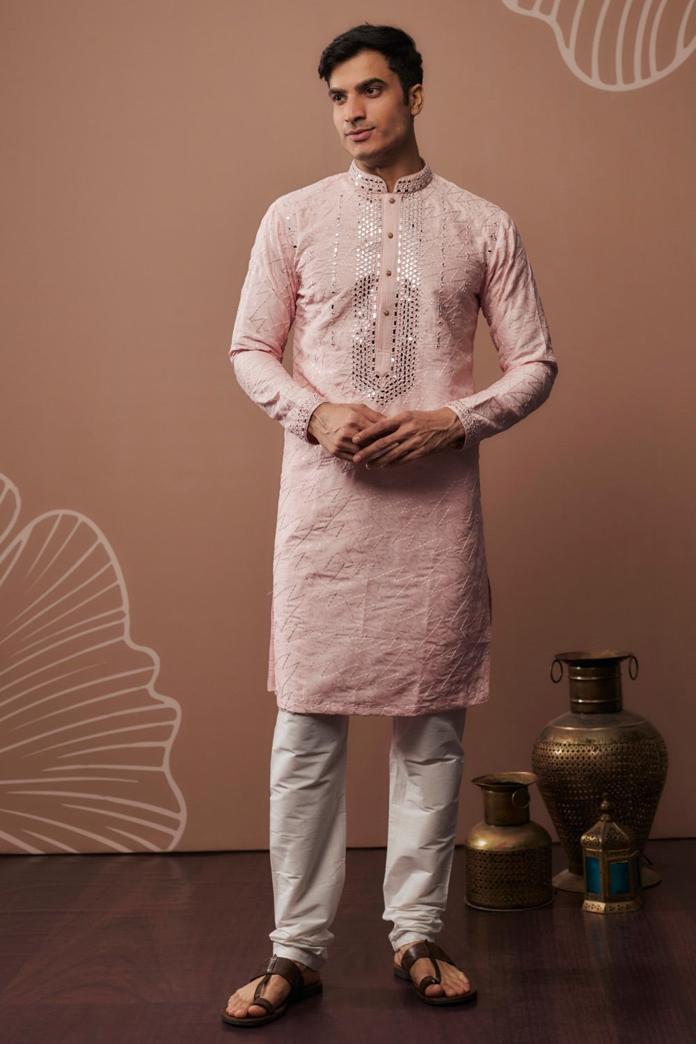 Pink mirror embroidered silk kurta set