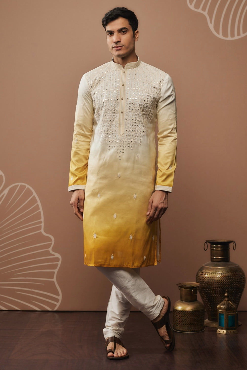 White-yellow ombre silk kurta set with mirror work