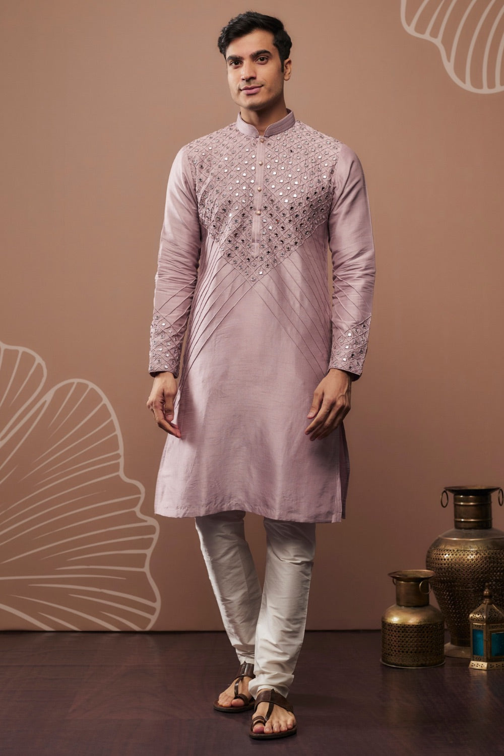 Light purple silk kurta and pajama with hand and machine work