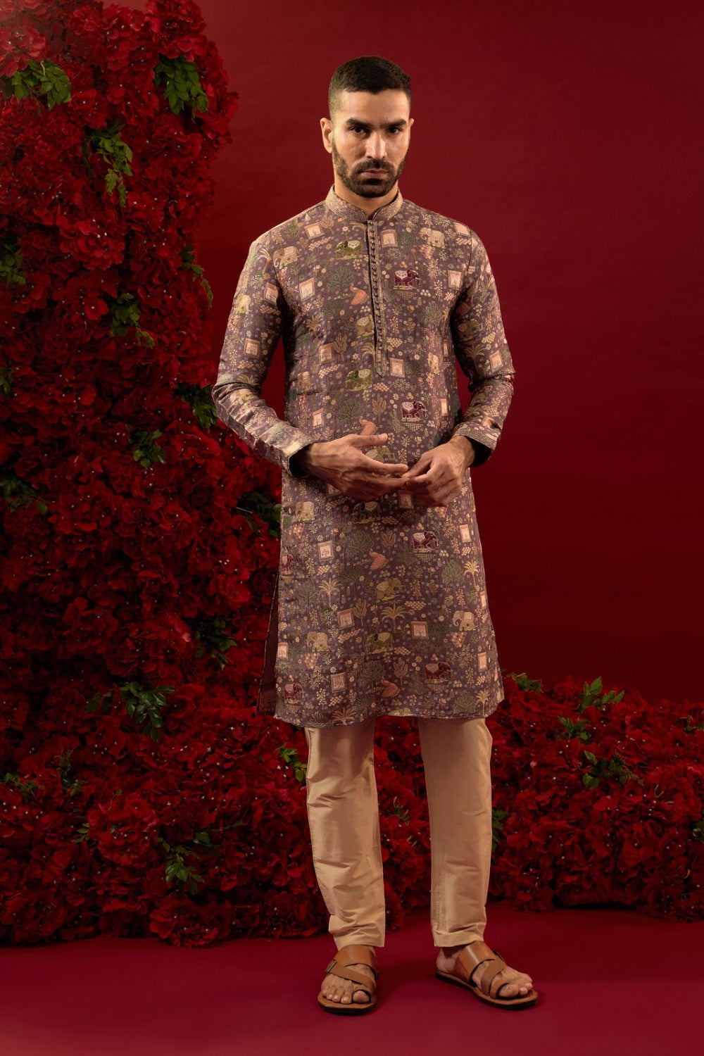 Multicolour silk kurta & pajama with hand and machine work