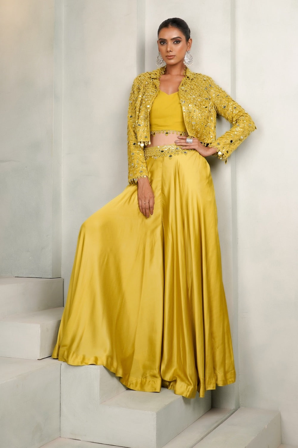 Bright yellow gaji silk Indo western