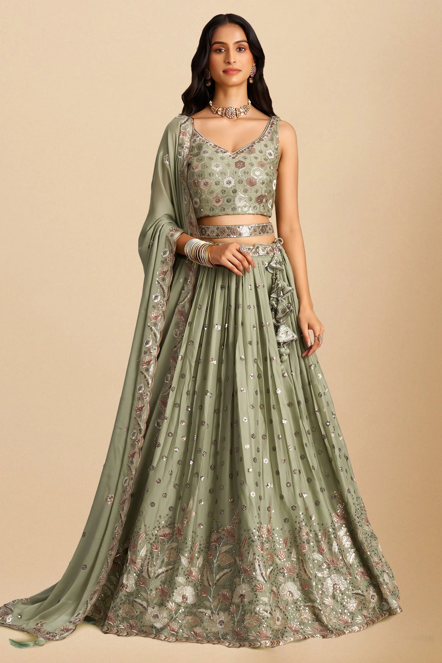 Lime Green Georgette Lehenga with All-Over Sequin Embroidery