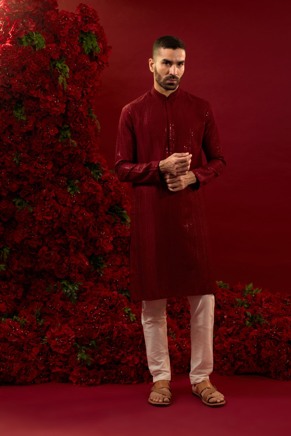 Red silk kurta set with hand and machine work