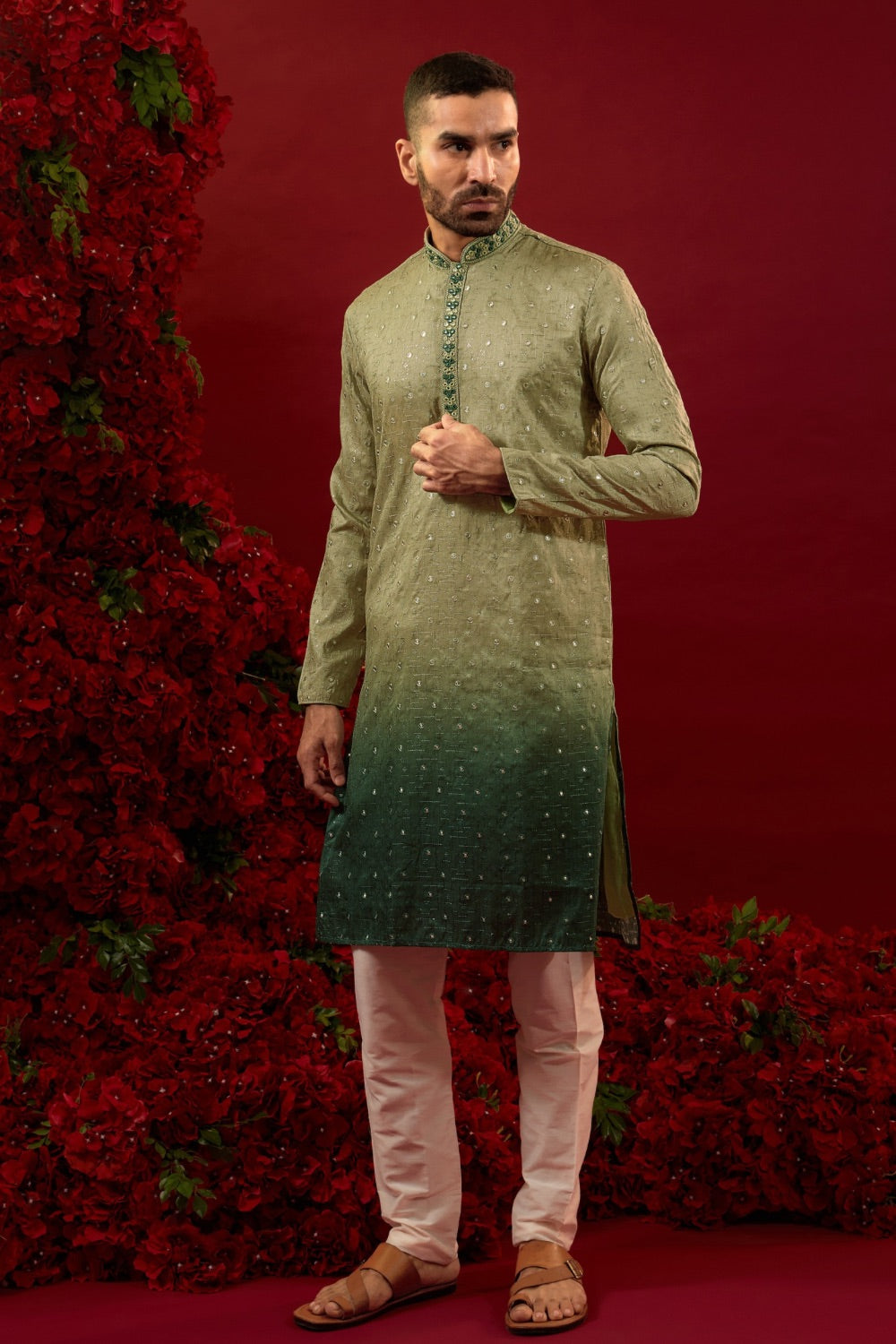 Ombre green silk kurta & pajama with hand and machine work