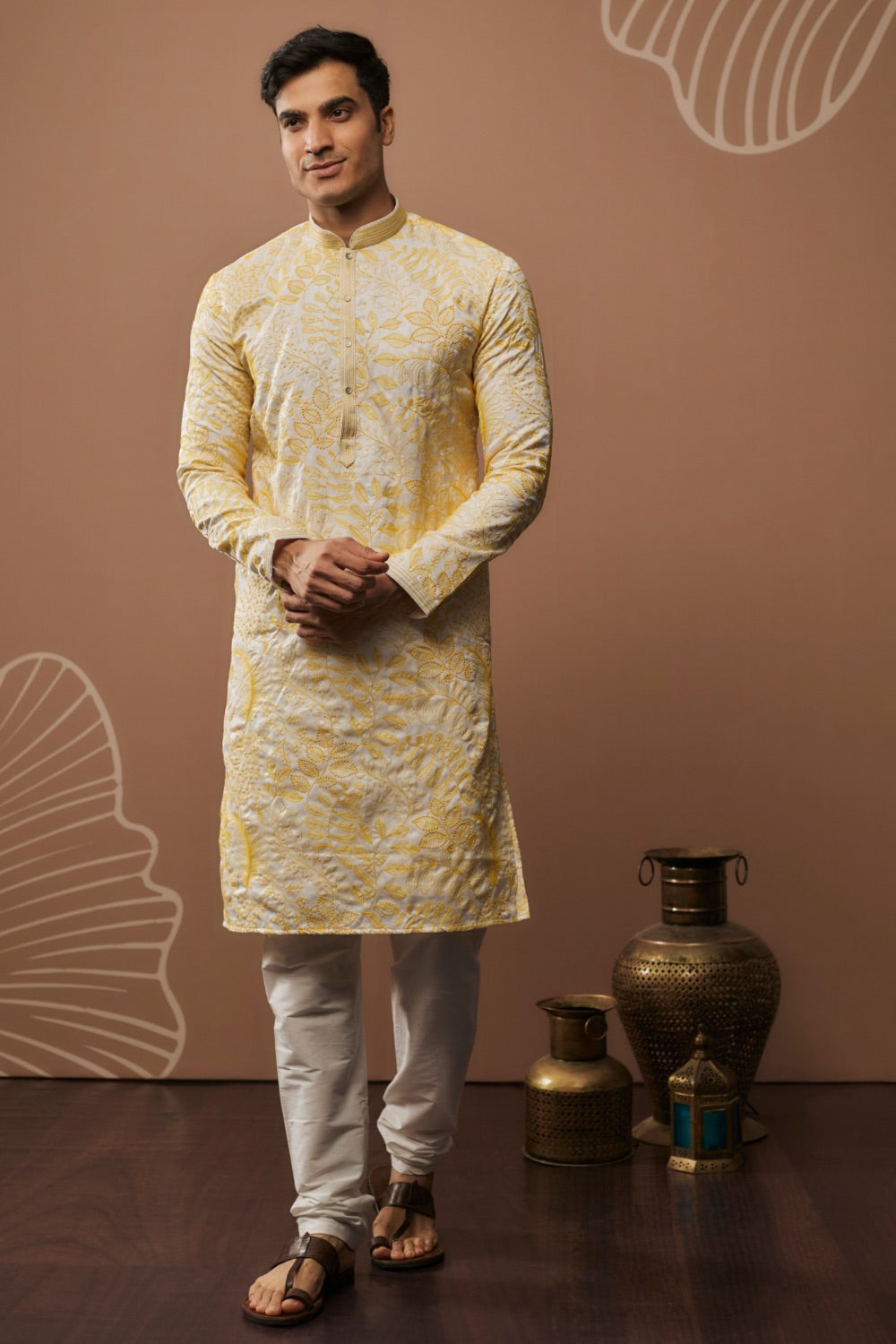 Light yellow silk kurta and pajama with hand and machine work