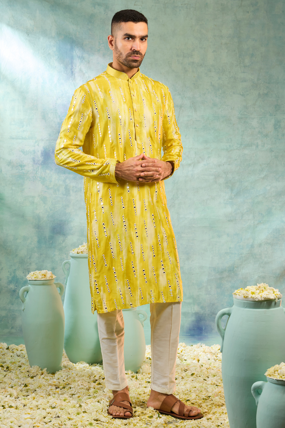 Mustard yellow kurta with thread and mirror work with cream pyjama