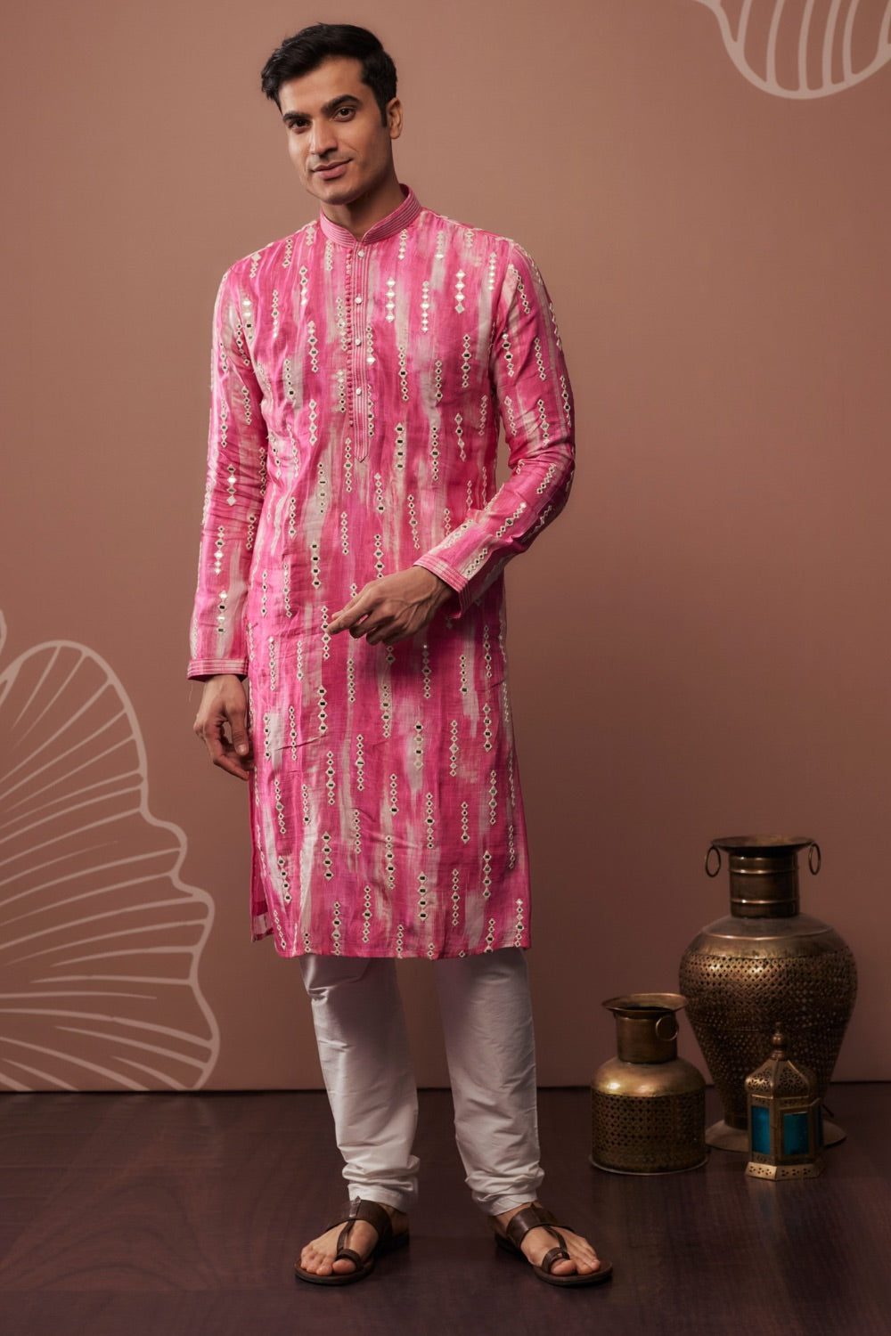 Pink and white silk kurta pajama with hand & machine work