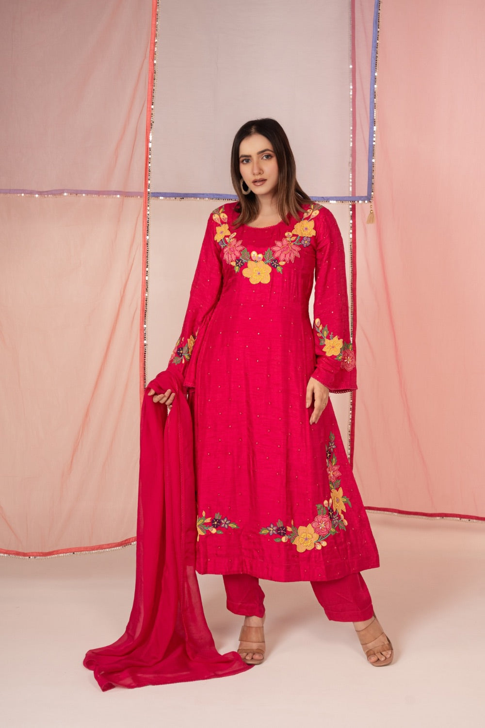 Magenta pink satin silk salwar suit