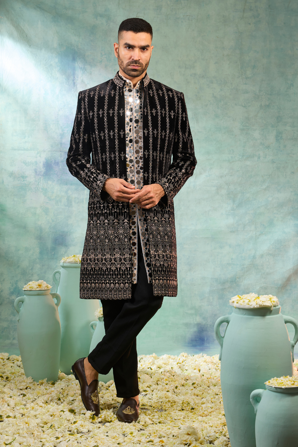 Black velvet sherwani with mirror and thread work