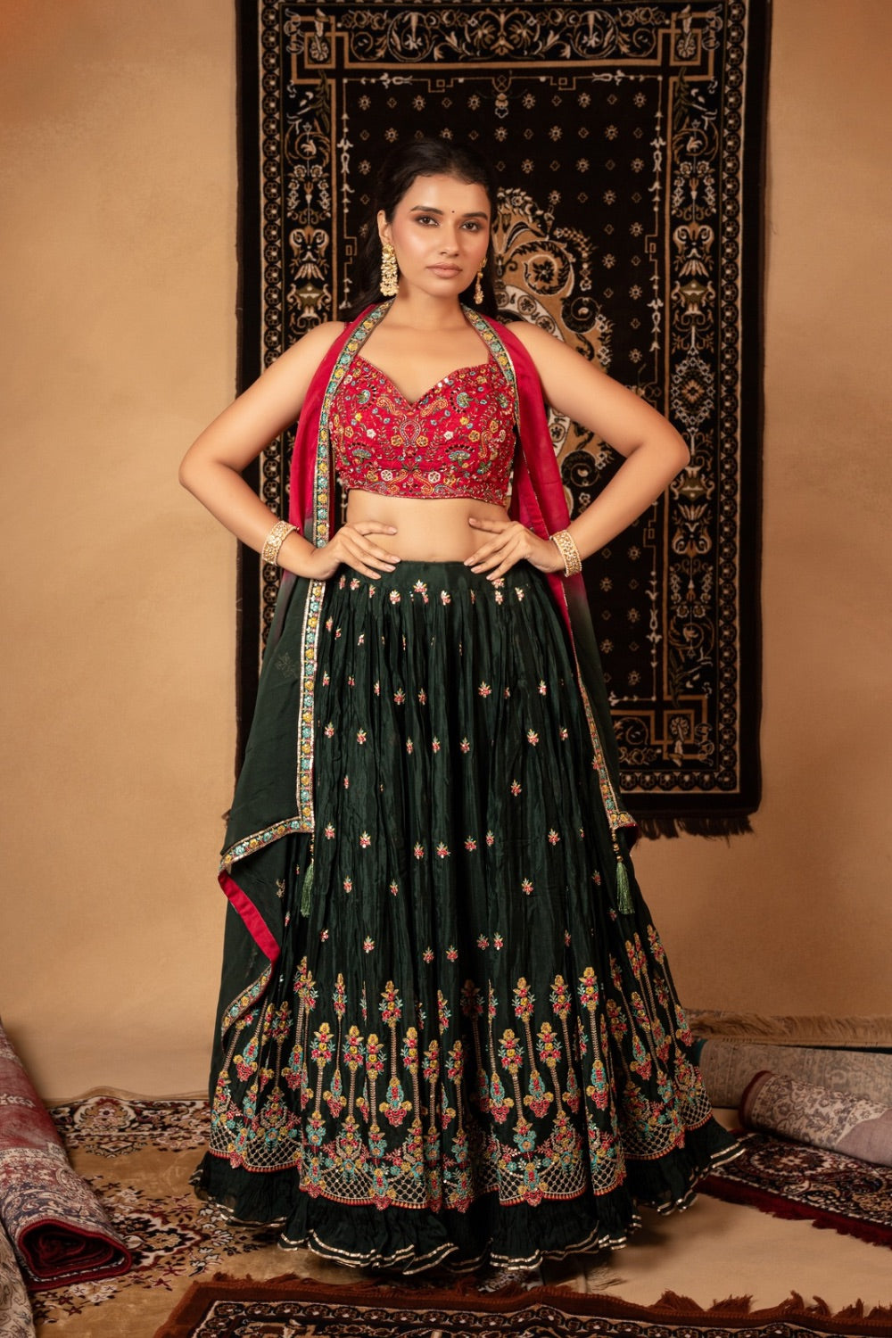 Green georgette lehenga choli with resham, tikki, and moti work