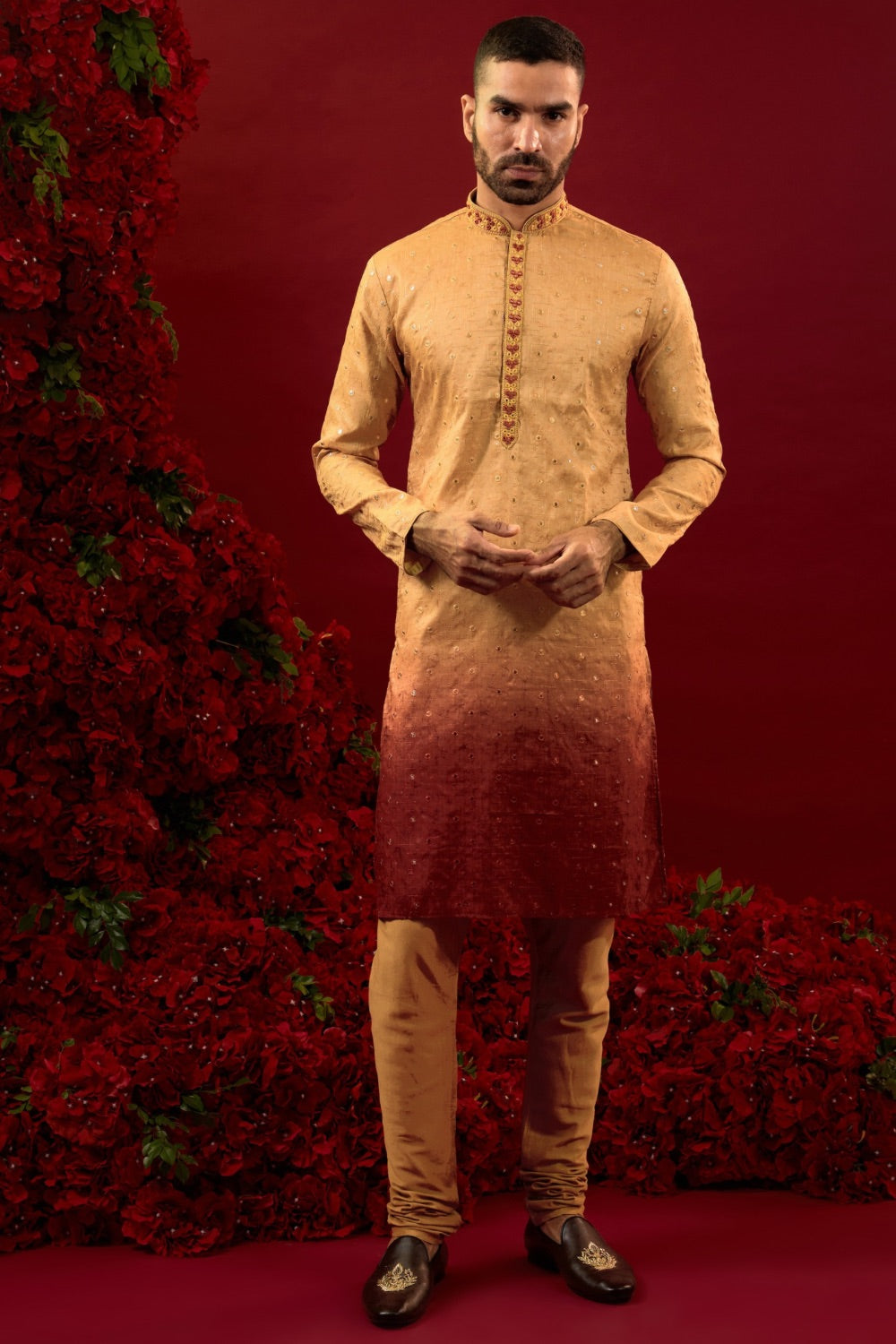 Orange-red ombre kurta set with hand and machine work