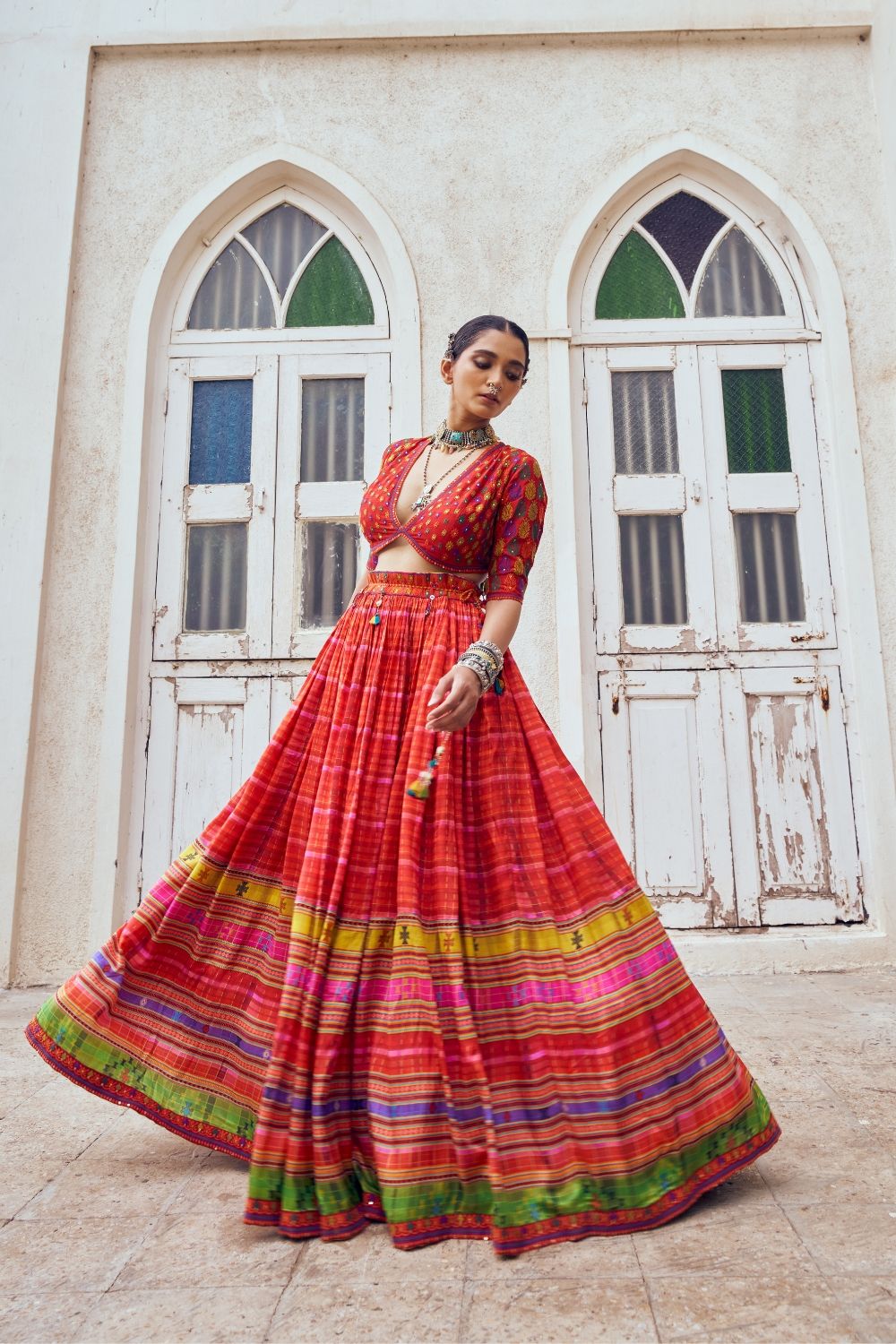 Rust silk lehenga choli with embroidery