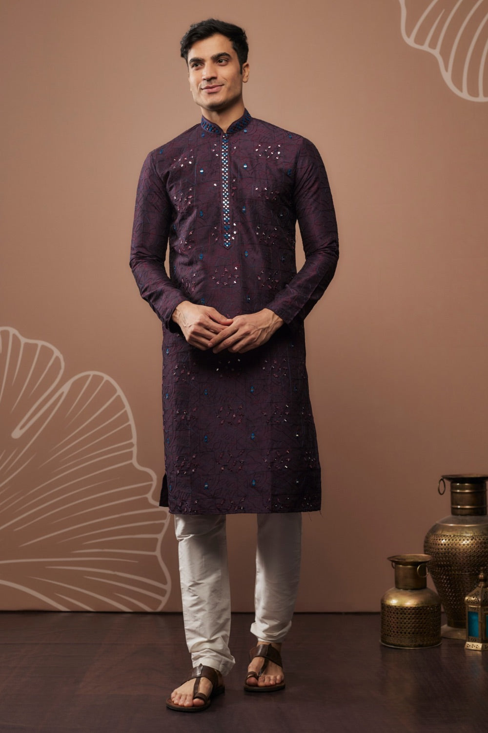 Purple mirror embroidered silk kurta set