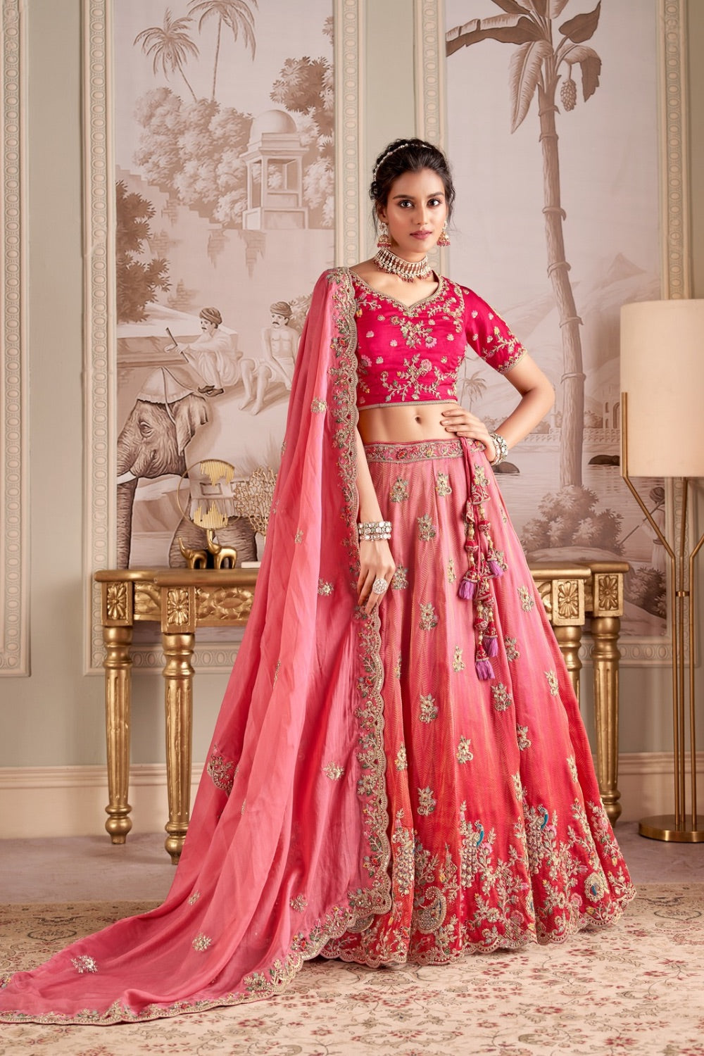 Rouge pink tissue silk lehenga choli with machine work