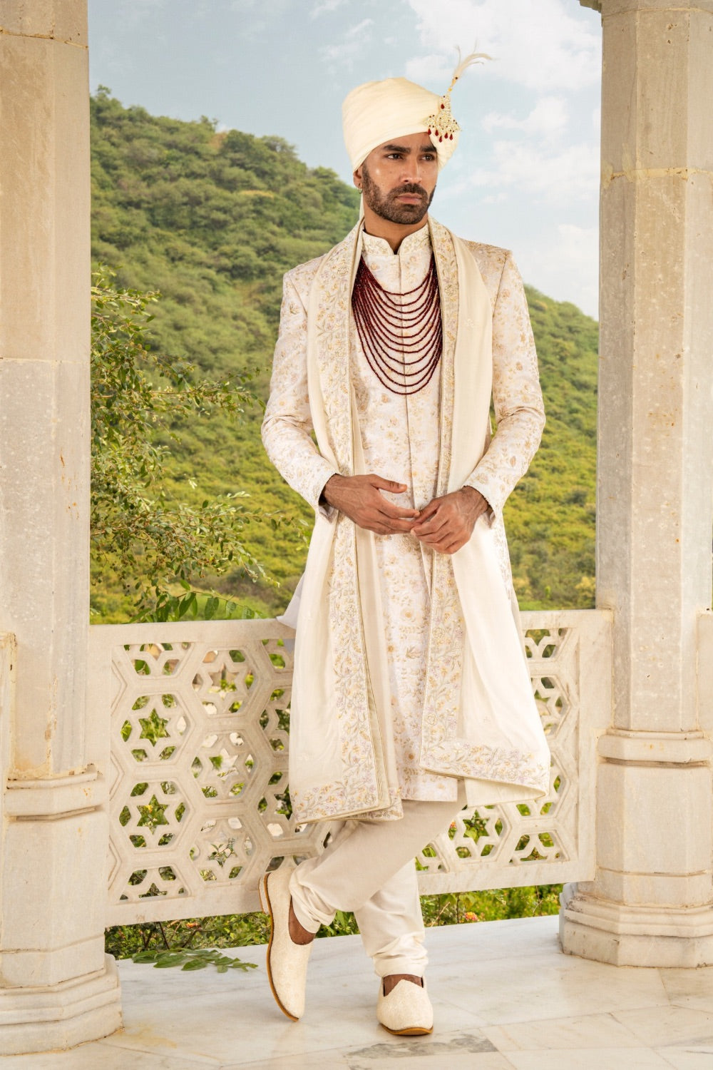 Off-White silk sherwani with golden zardozi embroidery work