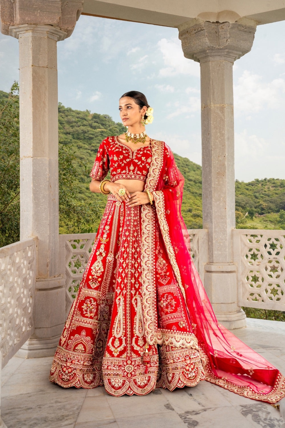 Red raw silk lehenga choli with zardozi and cut dana work