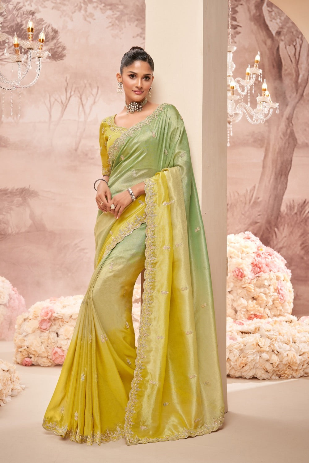 Yellow-Green ombre soft silk saree with yellow unstitched blouse