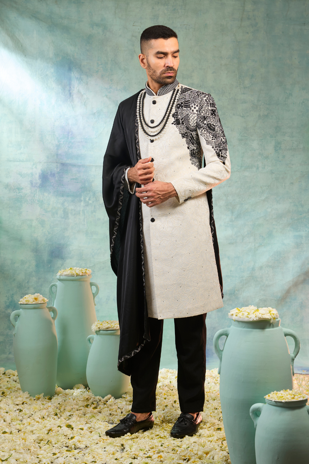 Black & white silk sherwani with thread embroidery