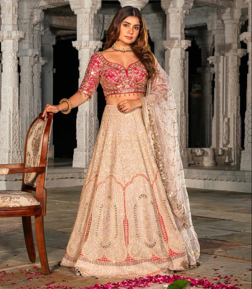 Pink & Cream geogette lehenga choli with sequin s and mirror work