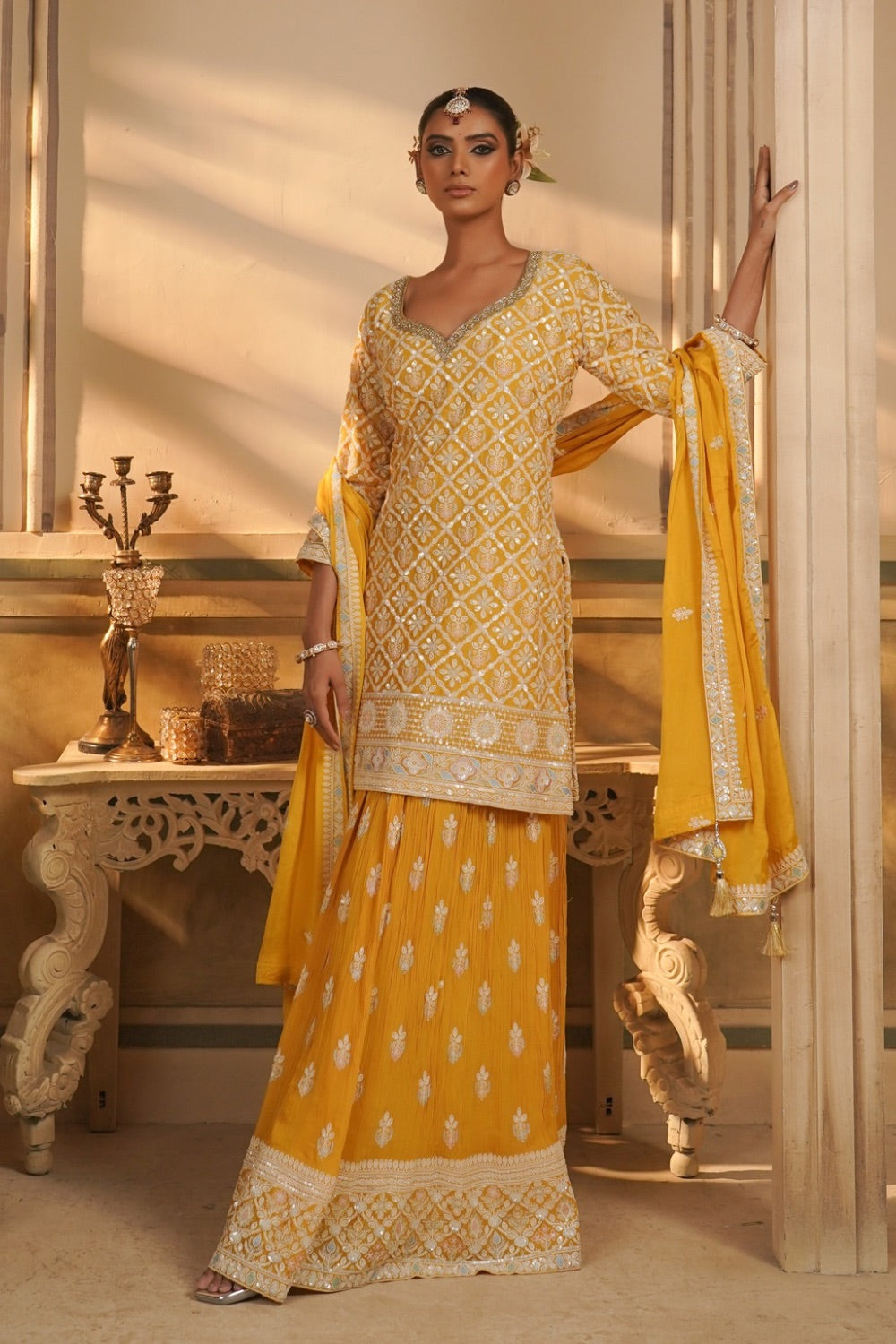 Yellow soft silk Sharara suit