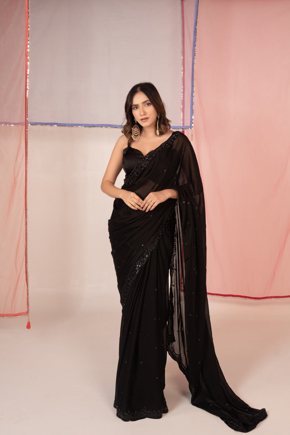 Black tissue silk saree and unstitched blouse piece