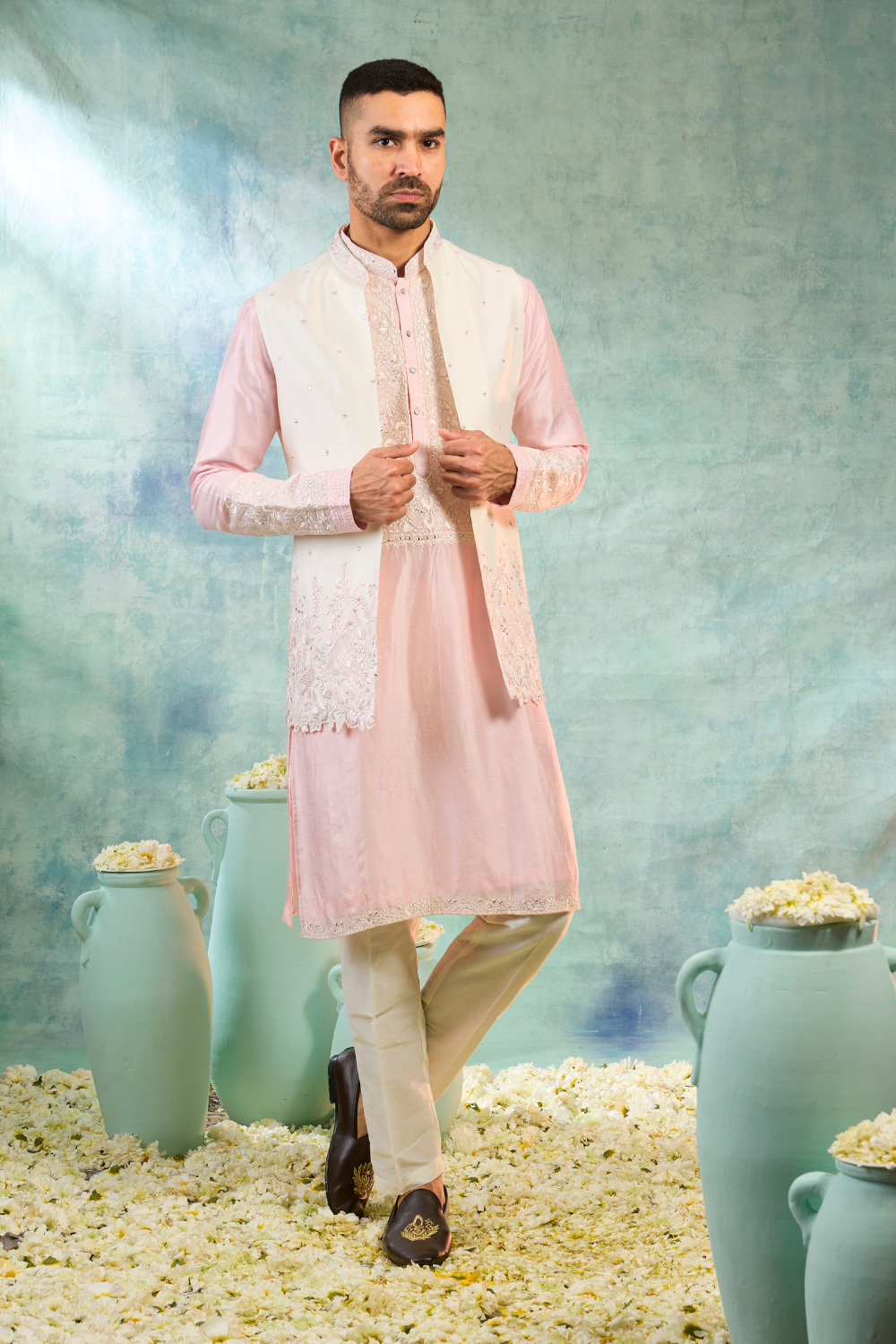 Light pink silk koti set with thread embroidery and mirror work