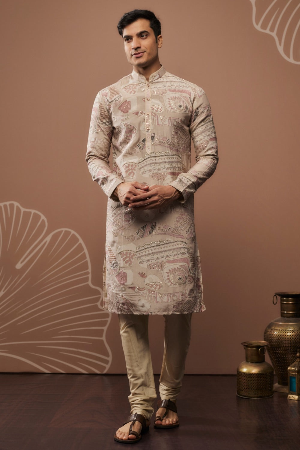 Beige silk kurta set with hand and machine work