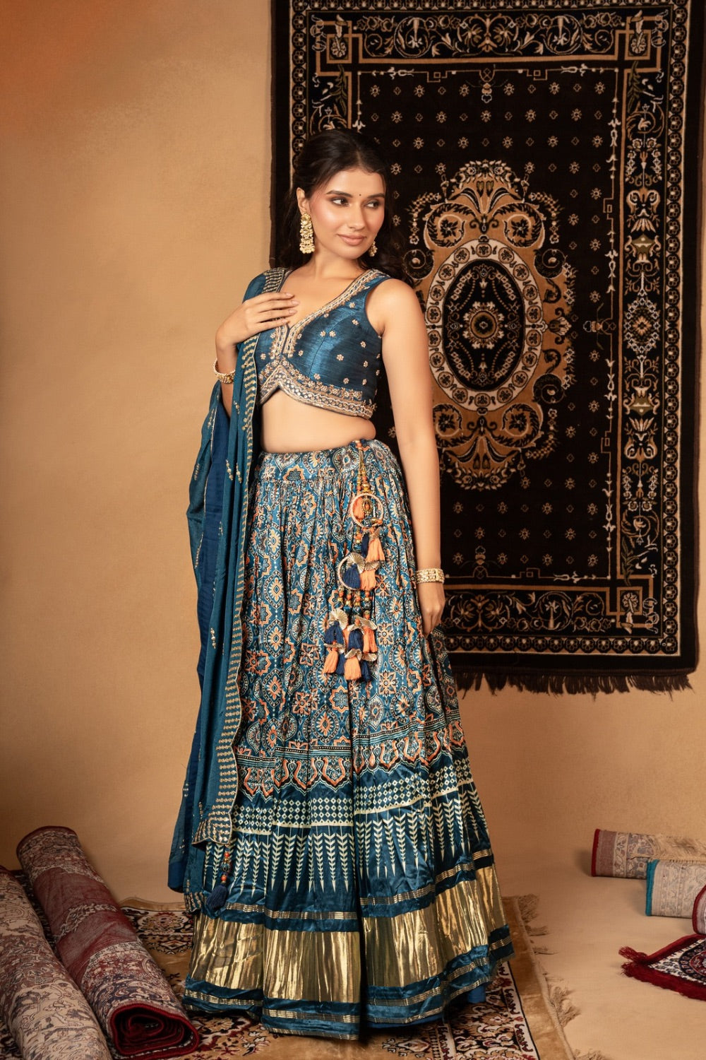 Peacock blue printed gaji silk lehenga choli