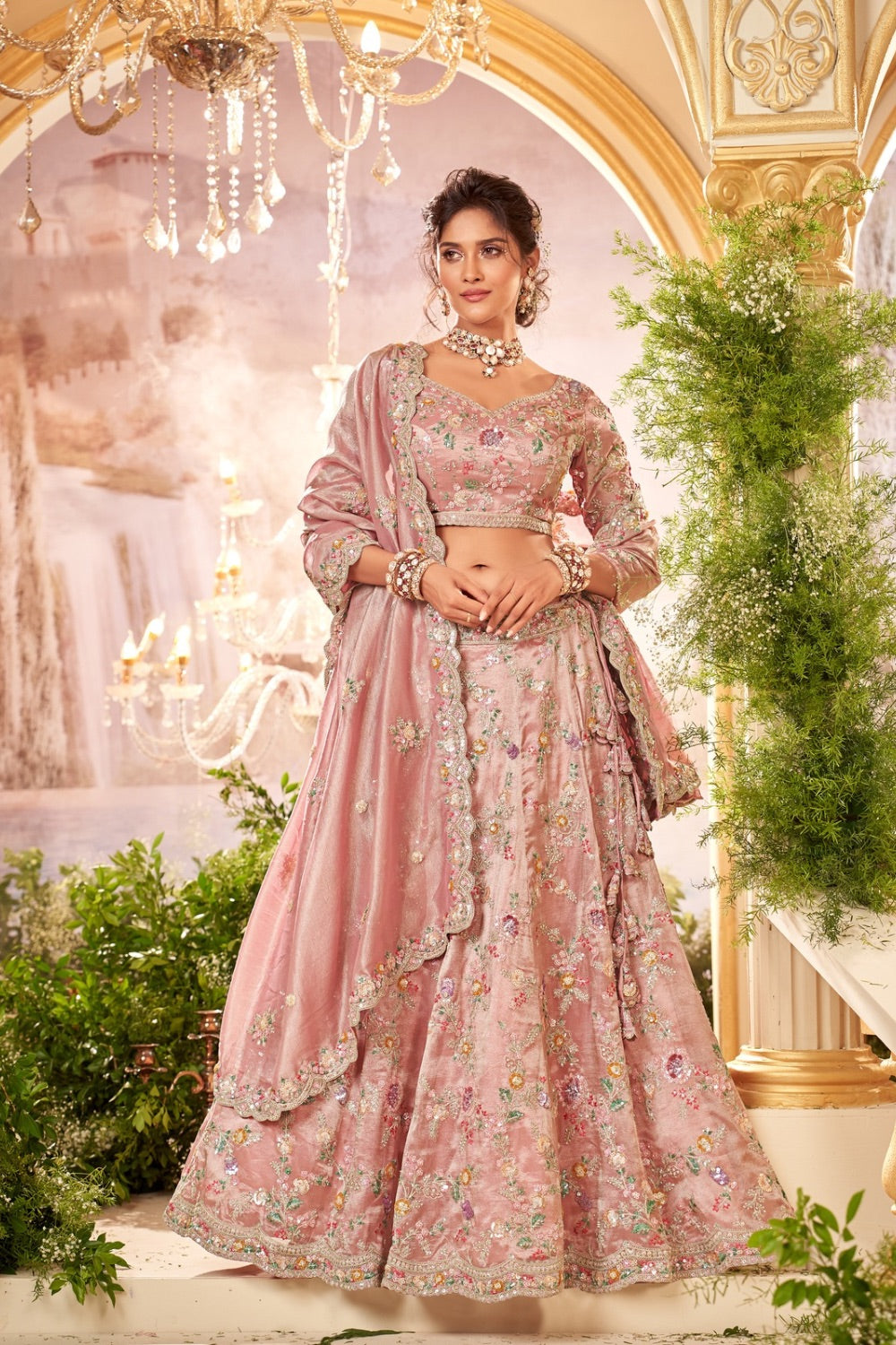 Dusty pink soft tissue lehenga choli with machine work