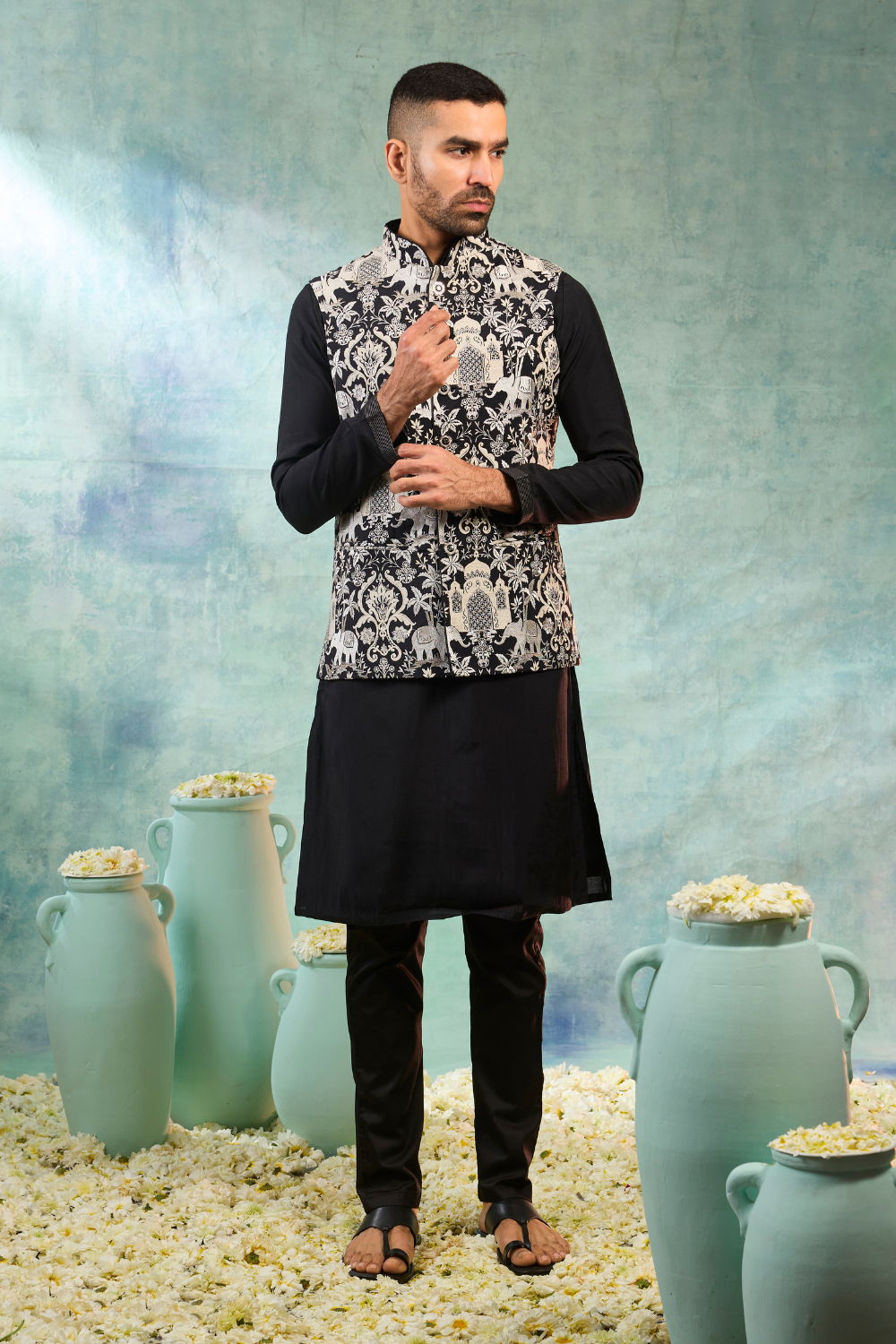 Black silk kurta set with white thread and animal work