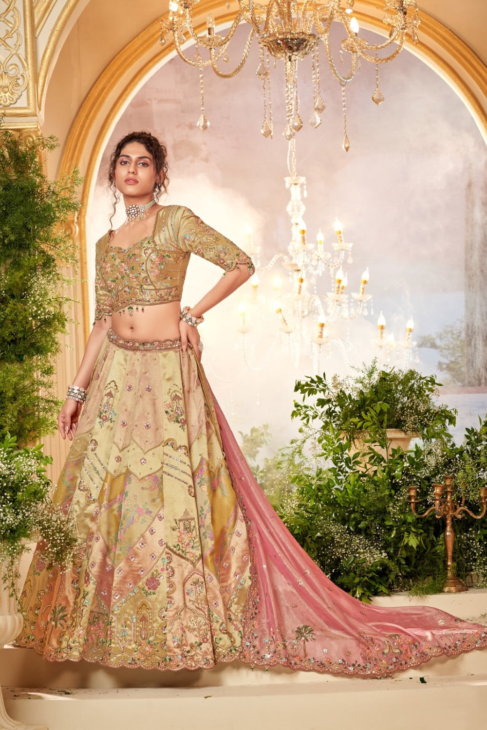 Golden & Pink tissue silk lehenga choli with machine work