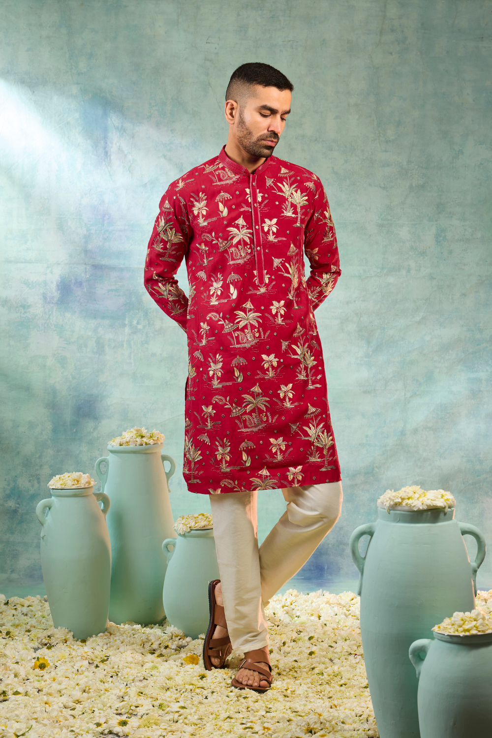 Bright red silk kurta set multi thread embroidery