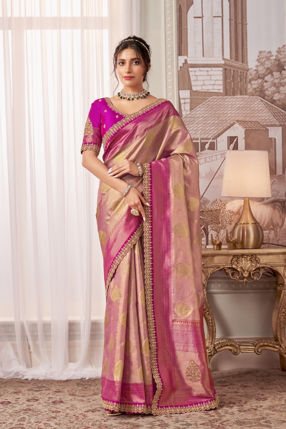 Pink banarasi silk saree with matching unstitched blouse